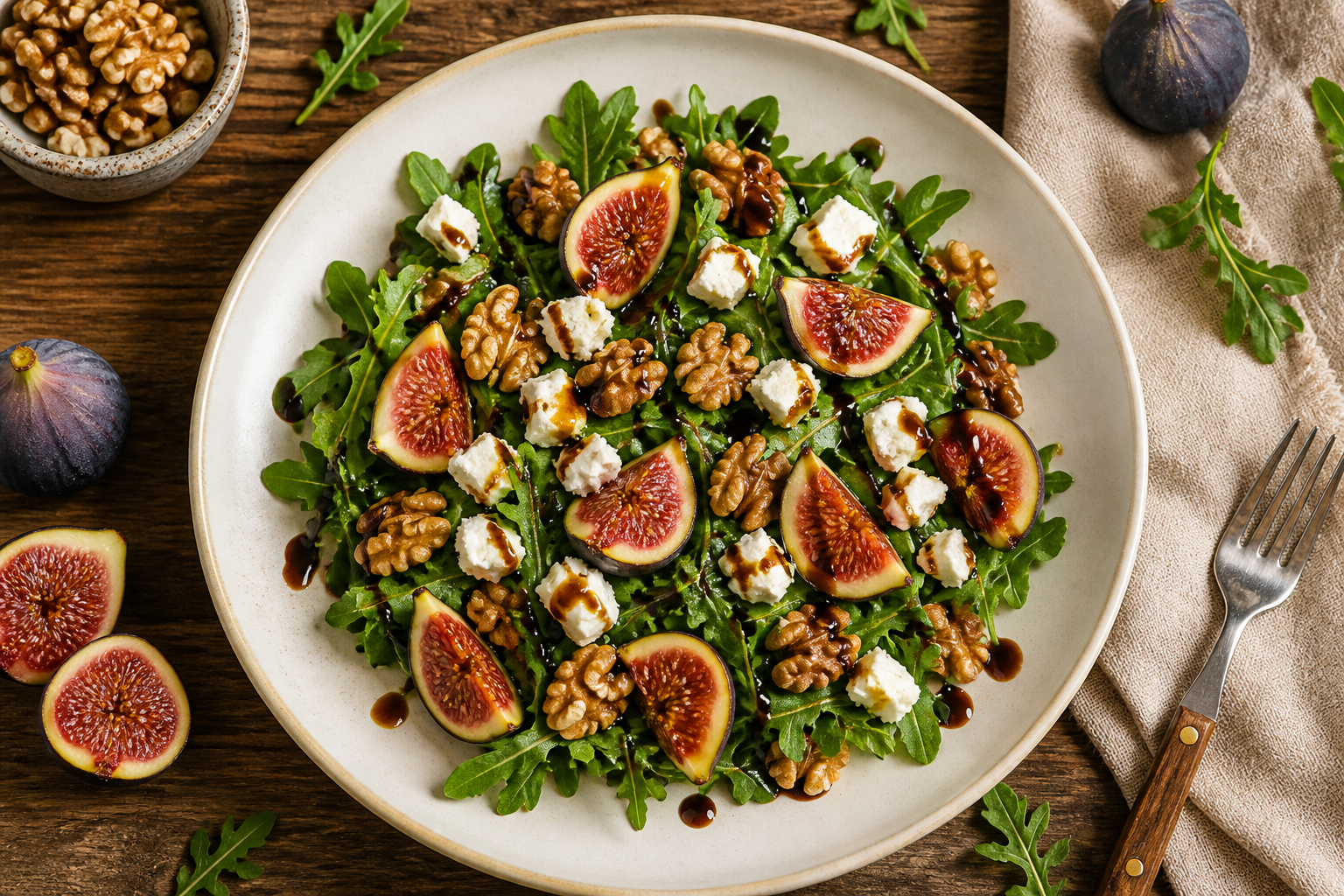Overhead shot of Fig and Walnut Salad with Balsamic plated appetizingly in a wide clean plate