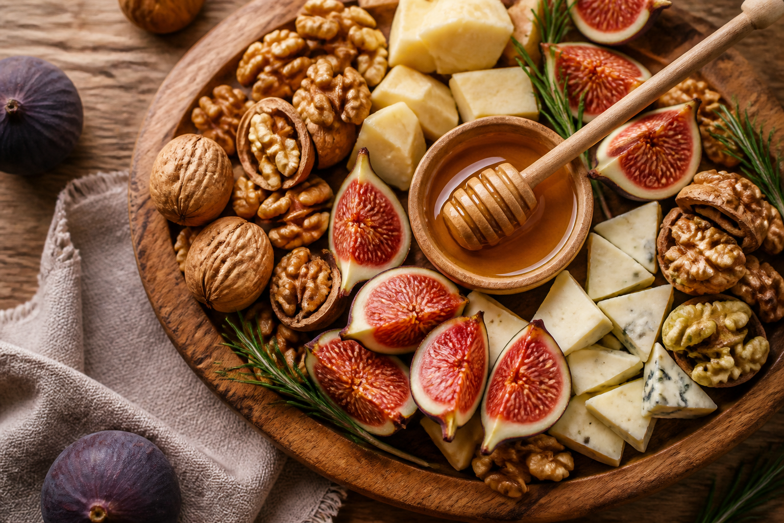 Overhead shot of Fig and Walnut Snack Plate plated appetizingly in a wooden board