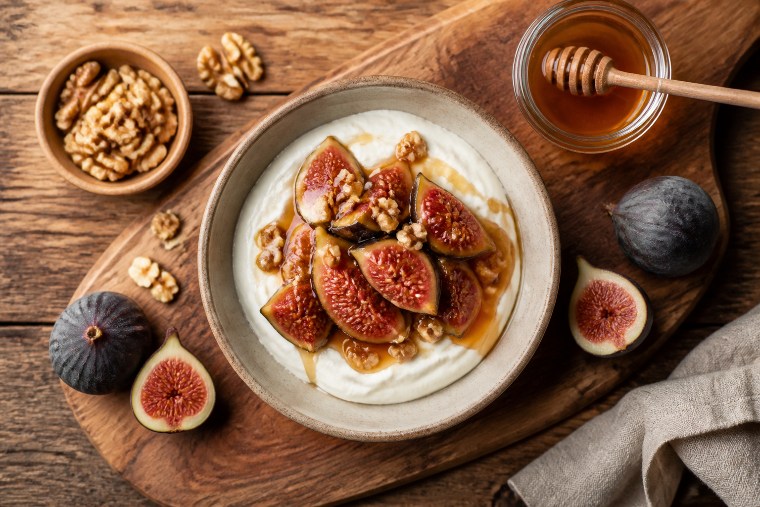 Overhead shot of Fig Compote with Greek Yogurt plated appetizingly in a wooden board
