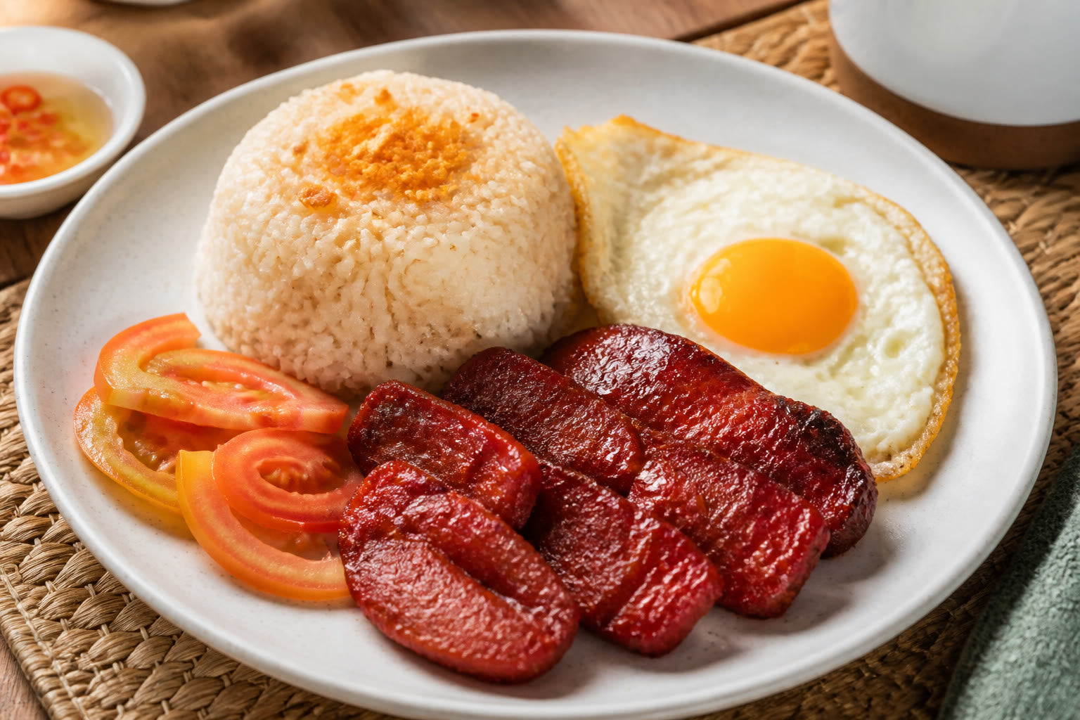 Filipino silog breakfast with garlic rice, fried egg, meat, and tomato