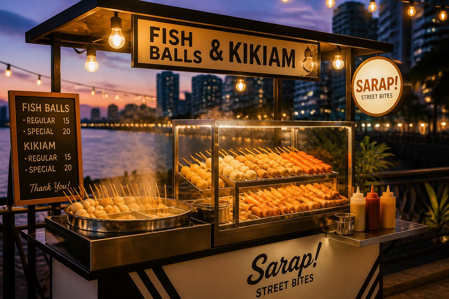 Filipino street food cart with fish ball and kikiam skewers at dusk