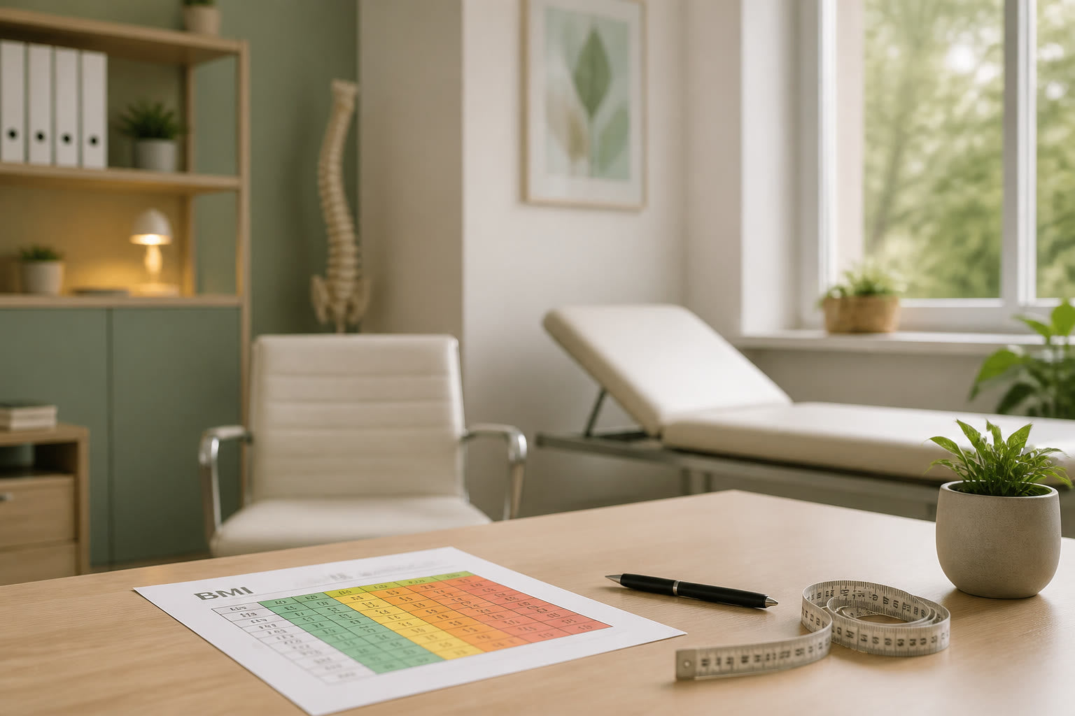 Clean medical consultation desk with a measuring tape in soft clinical lighting