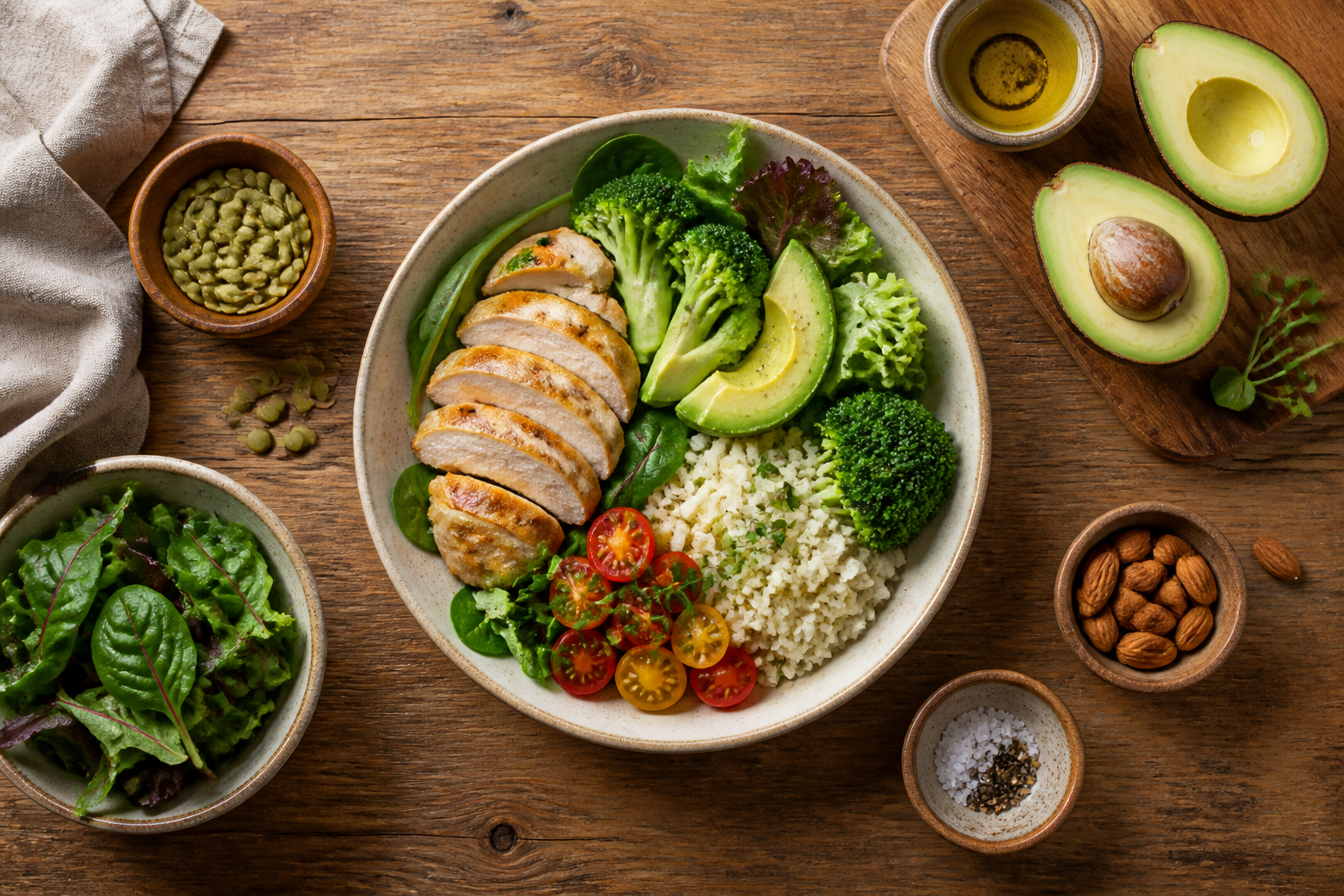 Overhead editorial still life related to Finding a Low-Carb Approach Your Gut Can Live With on a warm wooden surface