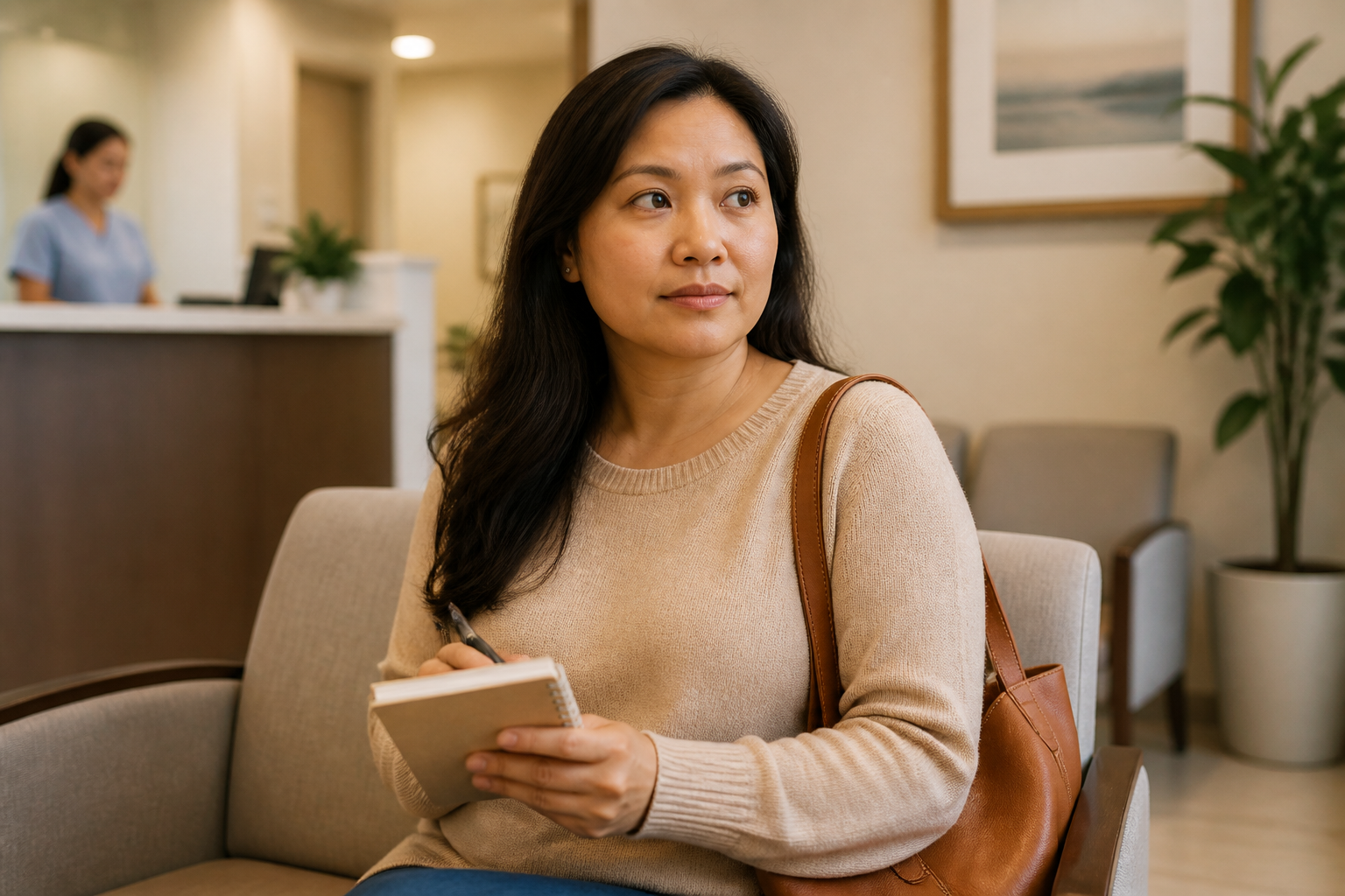 Filipino woman in her 30s at a doctor's waiting room
