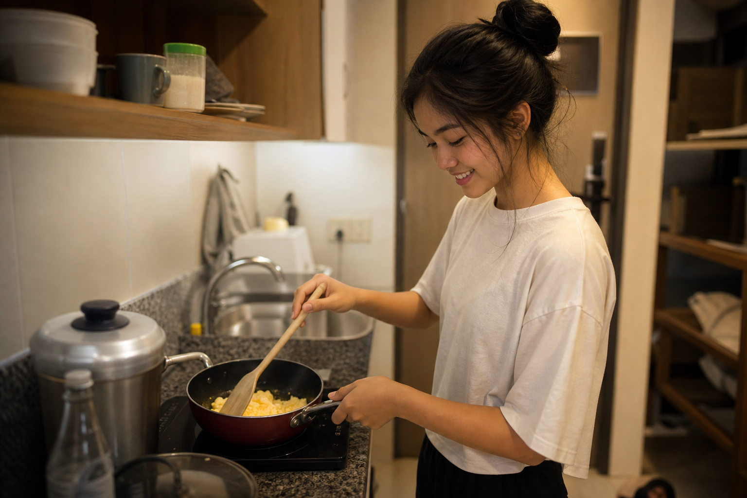 Filipino university student in her late teens in a dormitory kitchen