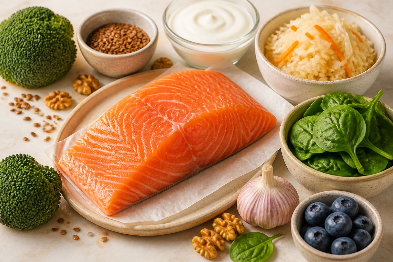 Close-up editorial still life of Fish and Your Gut on a clean wooden or marble surface