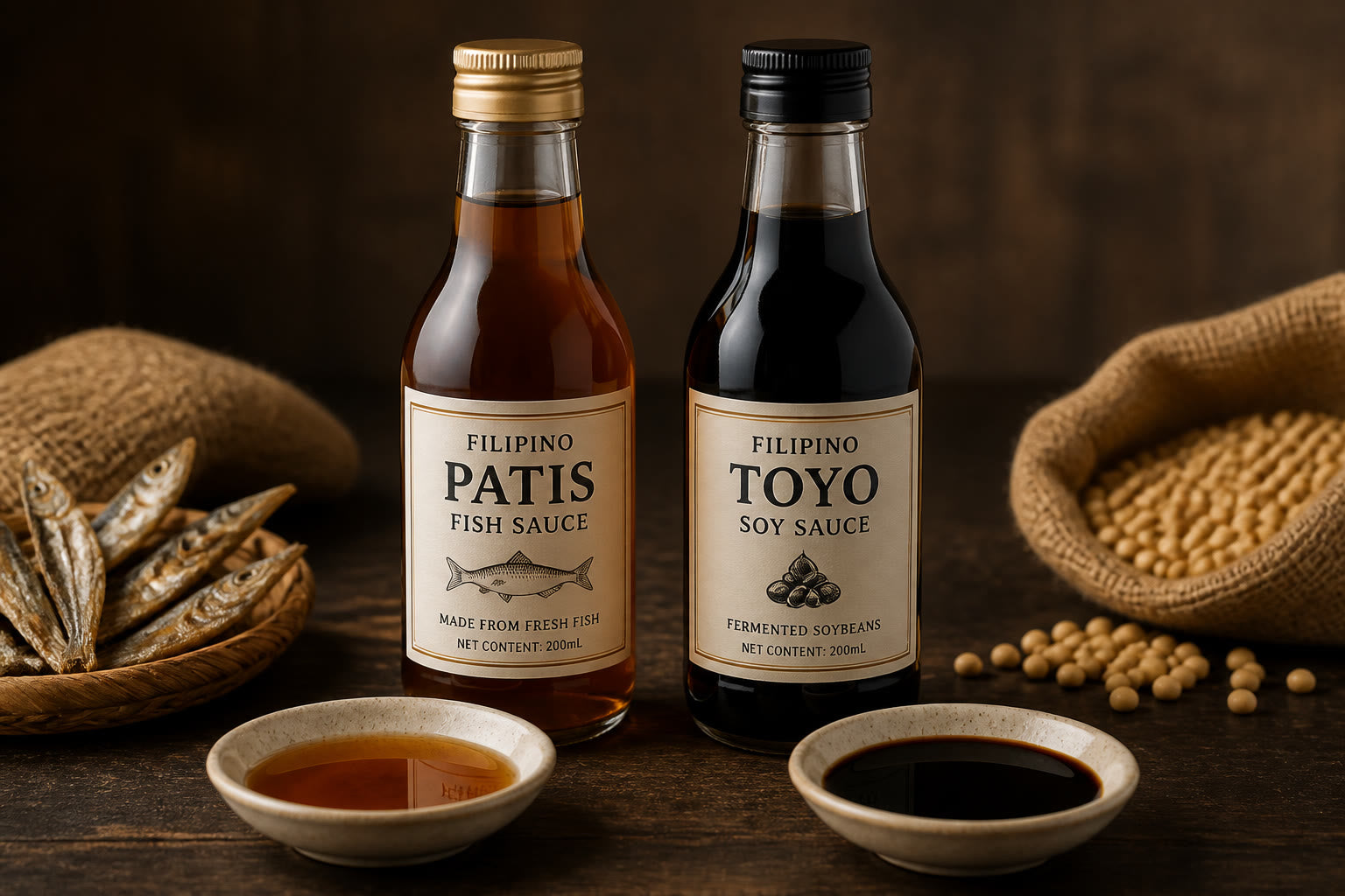 Bottles of patis and toyo with small condiment dishes