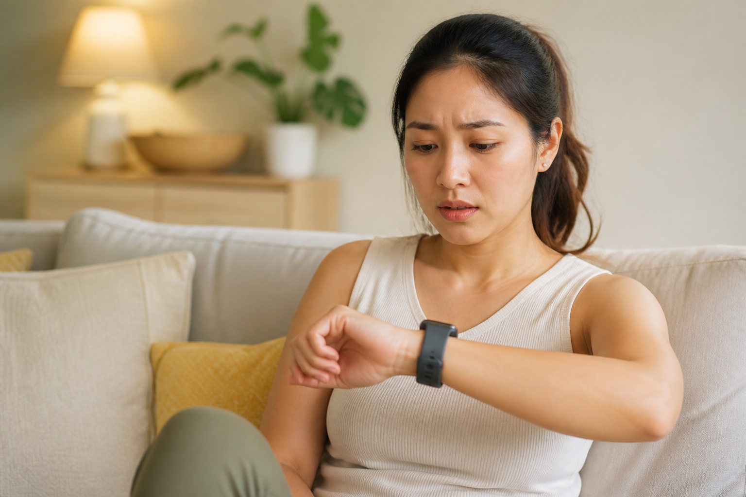 Filipino woman in her 30s staring at her smartwatch with a slightly anxious expression