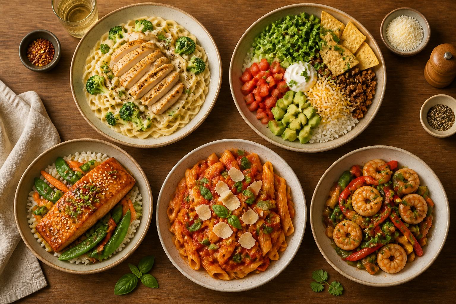 Overhead editorial still life related to Five Dinners You Can Always Fall Back On on a warm wooden surface