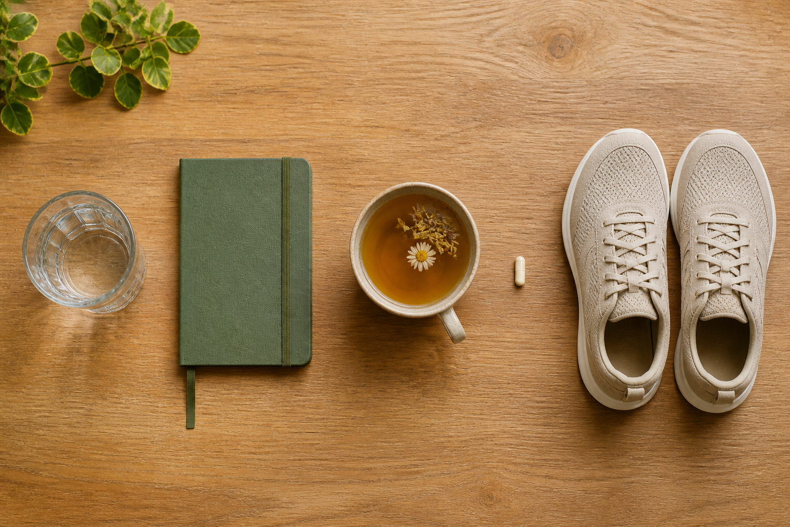 Flat lay of five small everyday items — a water glass