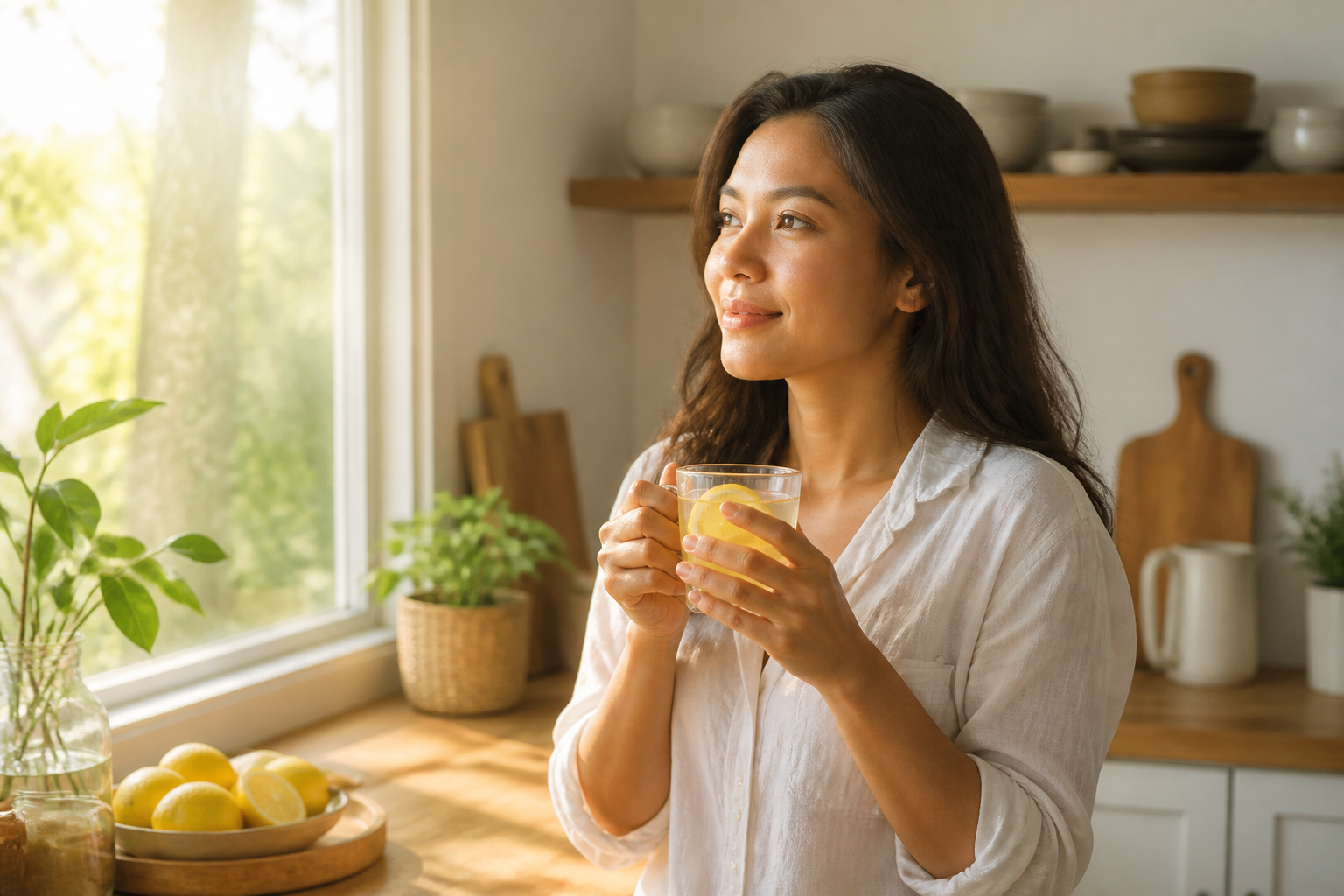 Filipino woman in her 30s in a sunny kitchen