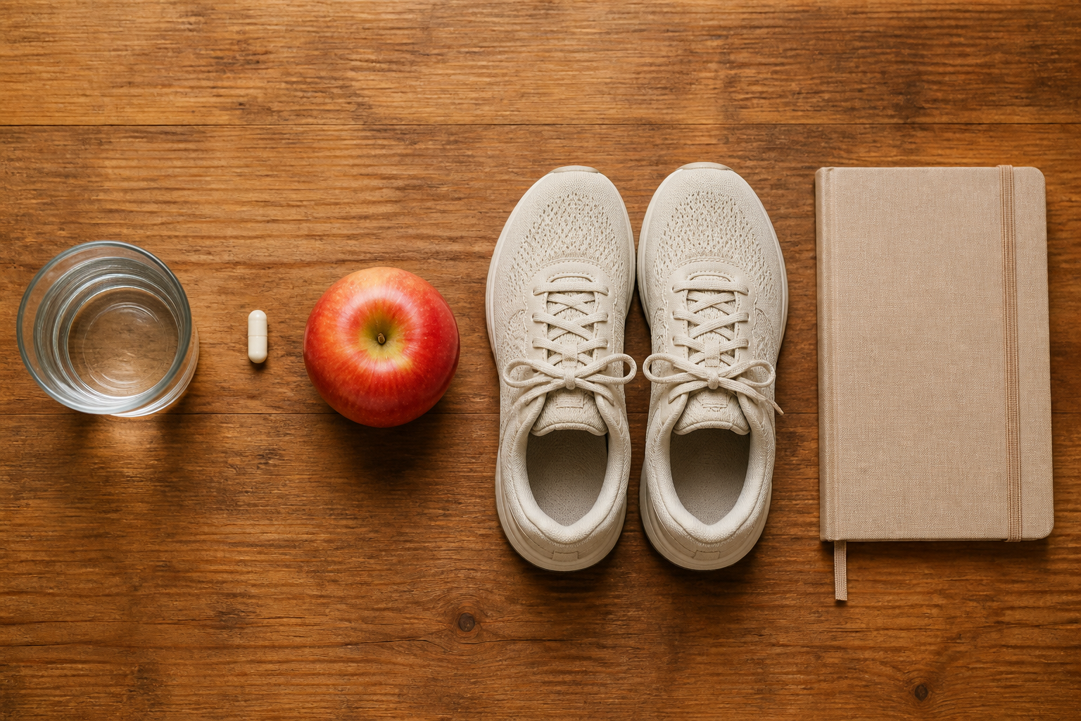 Overhead flat lay of five small gut-healthy habit items — a water glass