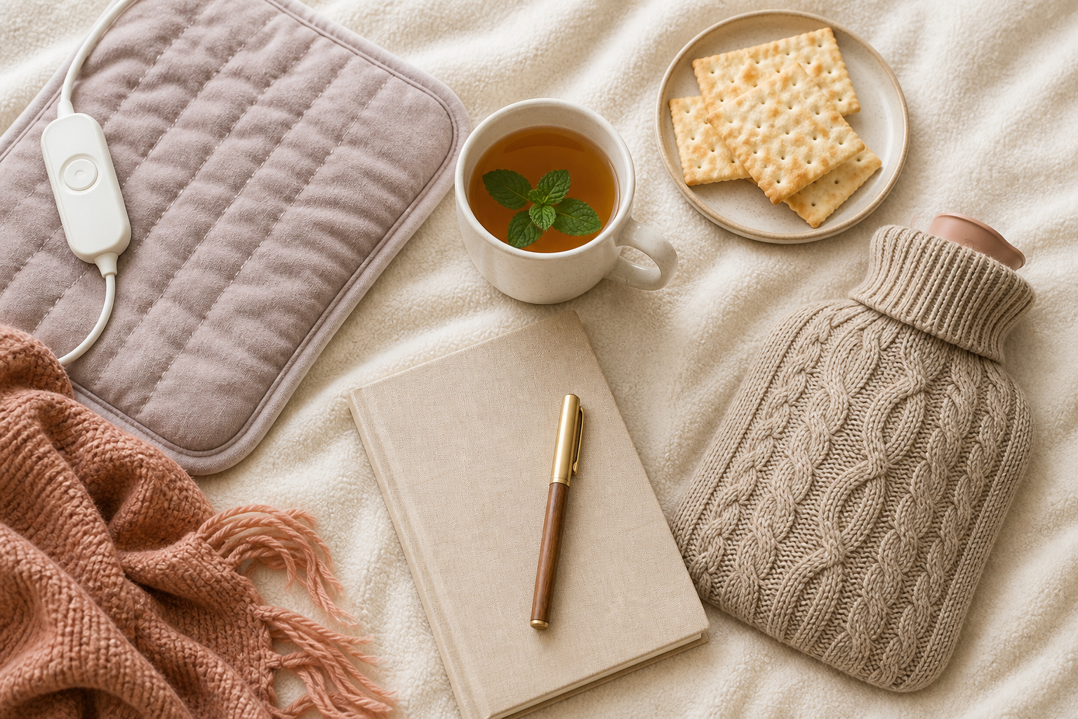 Flat lay of a flare day kit — heating pad