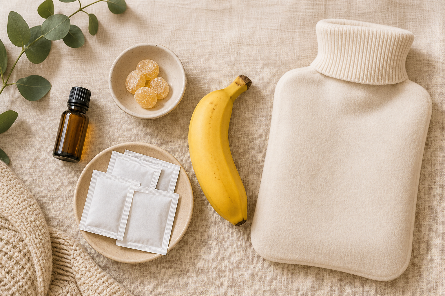 Clean flat lay of genuine flare kit essentials — peppermint oil