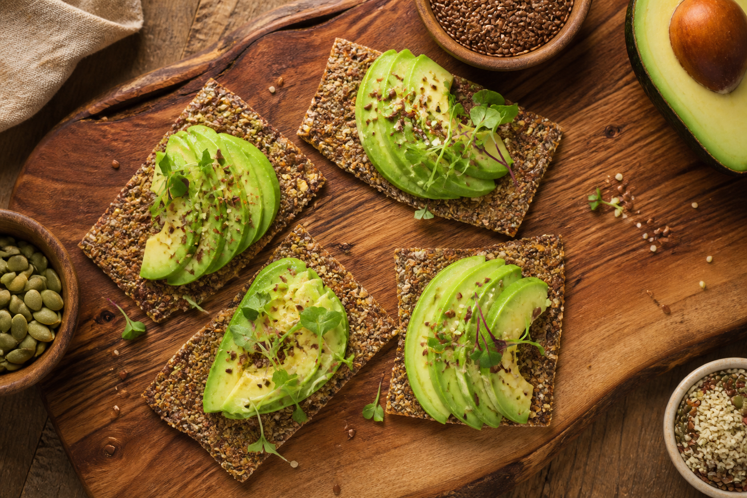 Overhead shot of Flaxseed Crackers with Avocado plated appetizingly in a wooden board