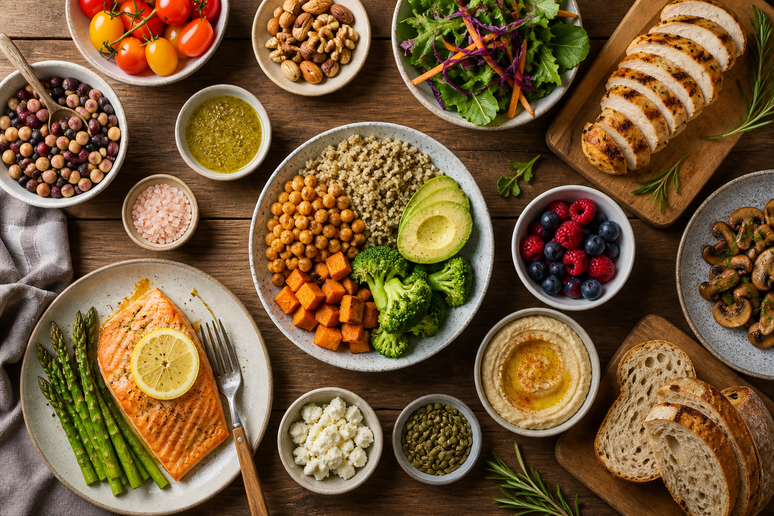 Overhead flat lay of foods representing Flexitarian Eating arranged beautifully on a wooden surface