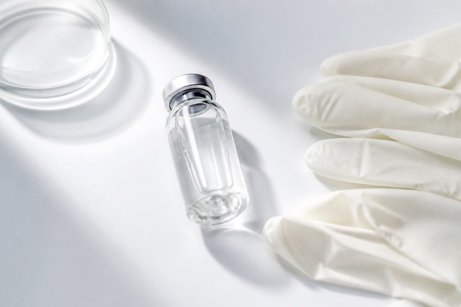 Clean science editorial flat lay — a laboratory glass vial