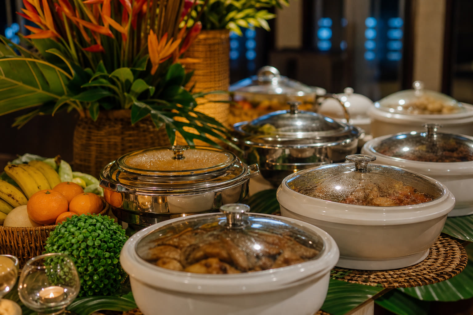 Festive Filipino buffet with dishes under serving lids