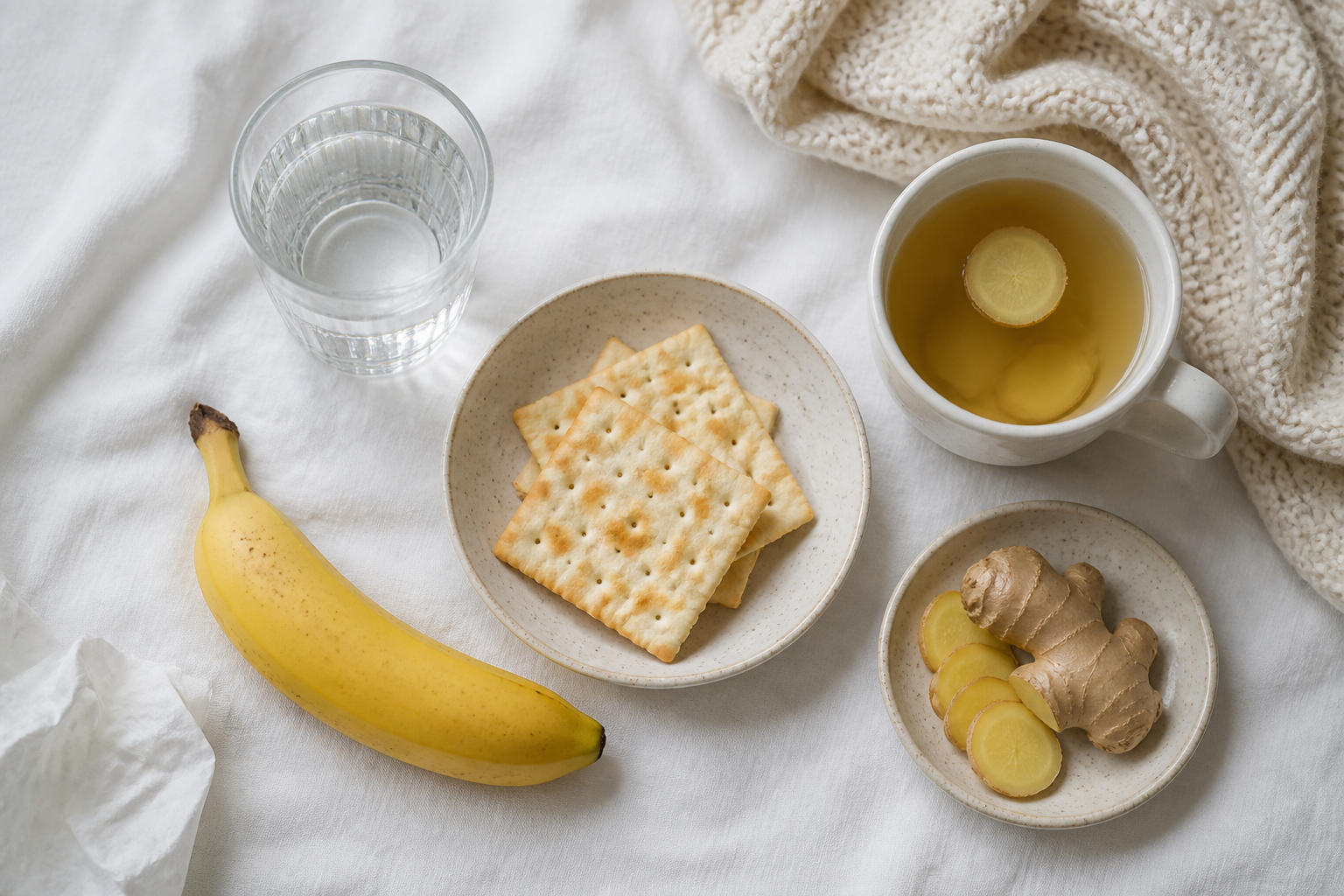 Overhead view of a sick-day recovery setup — glass of water