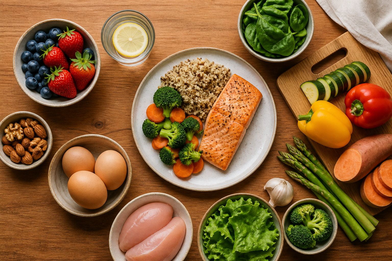 Overhead editorial still life related to Food Safety During Cancer Treatment on a warm wooden surface