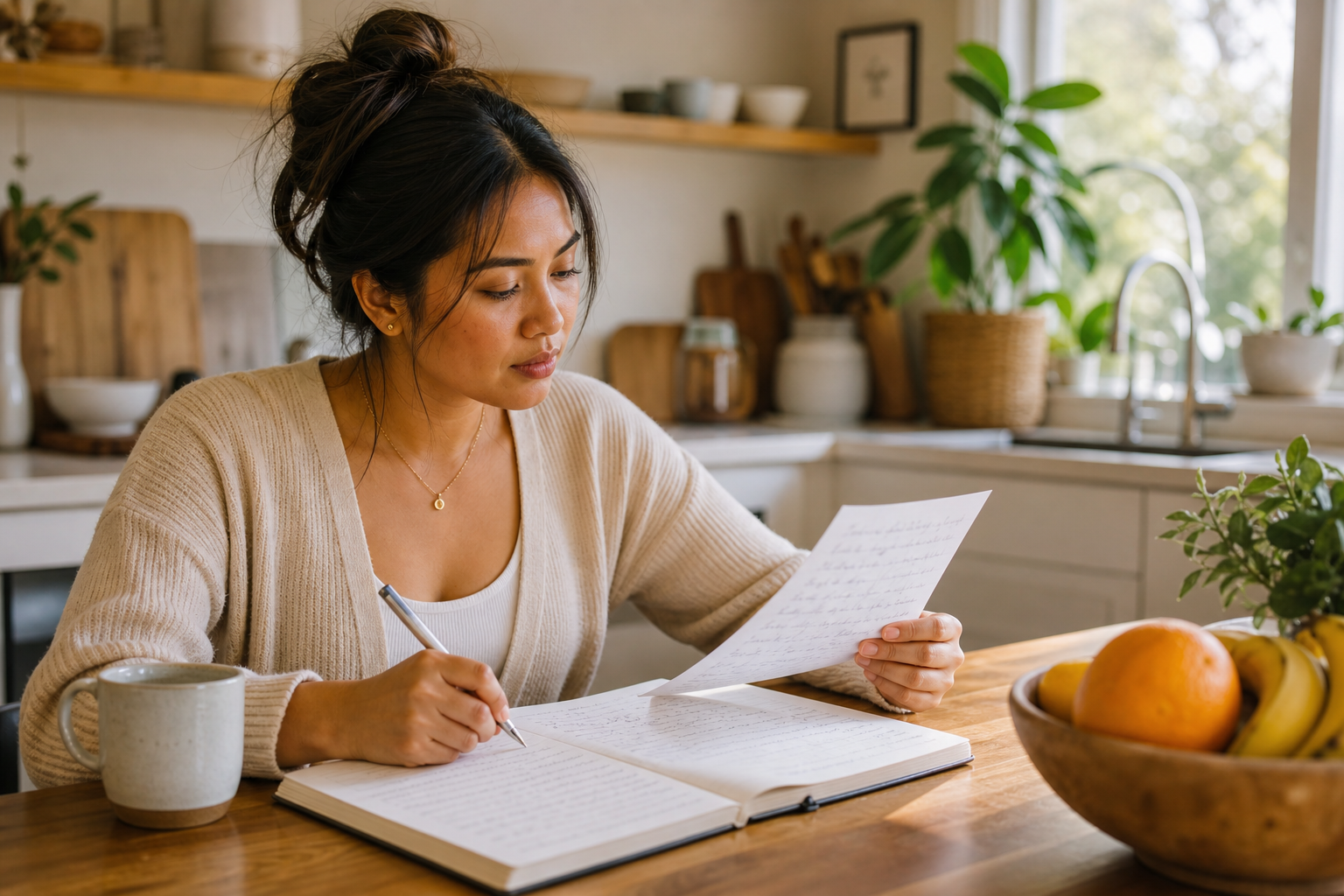 Filipino woman at a kitchen table reviewing handwritten food and symptom log entries