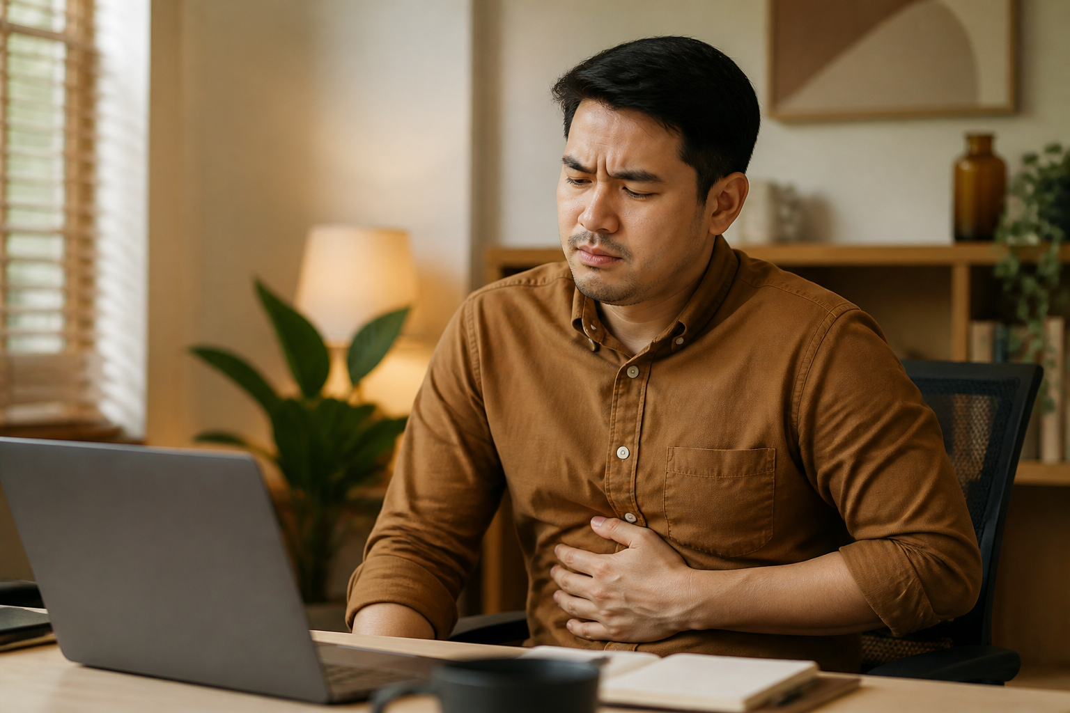 Filipino man in his 30s sitting at a work desk