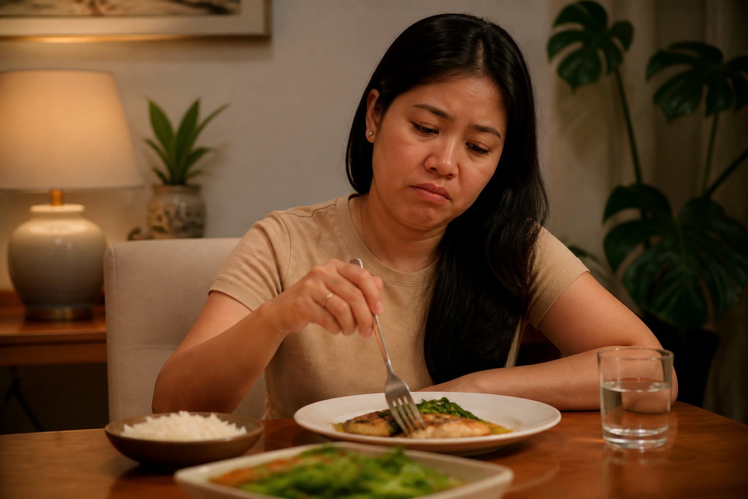 Filipino woman in her 30s sitting at a dinner table