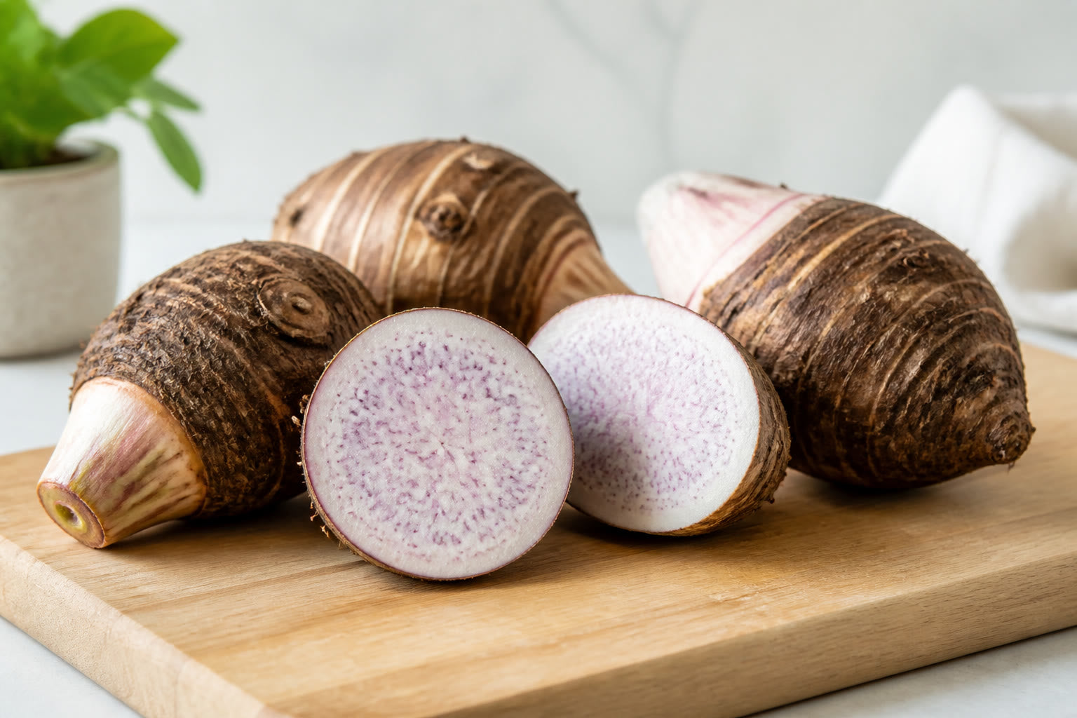 Whole and halved taro roots (gabi) on a wooden cutting board
