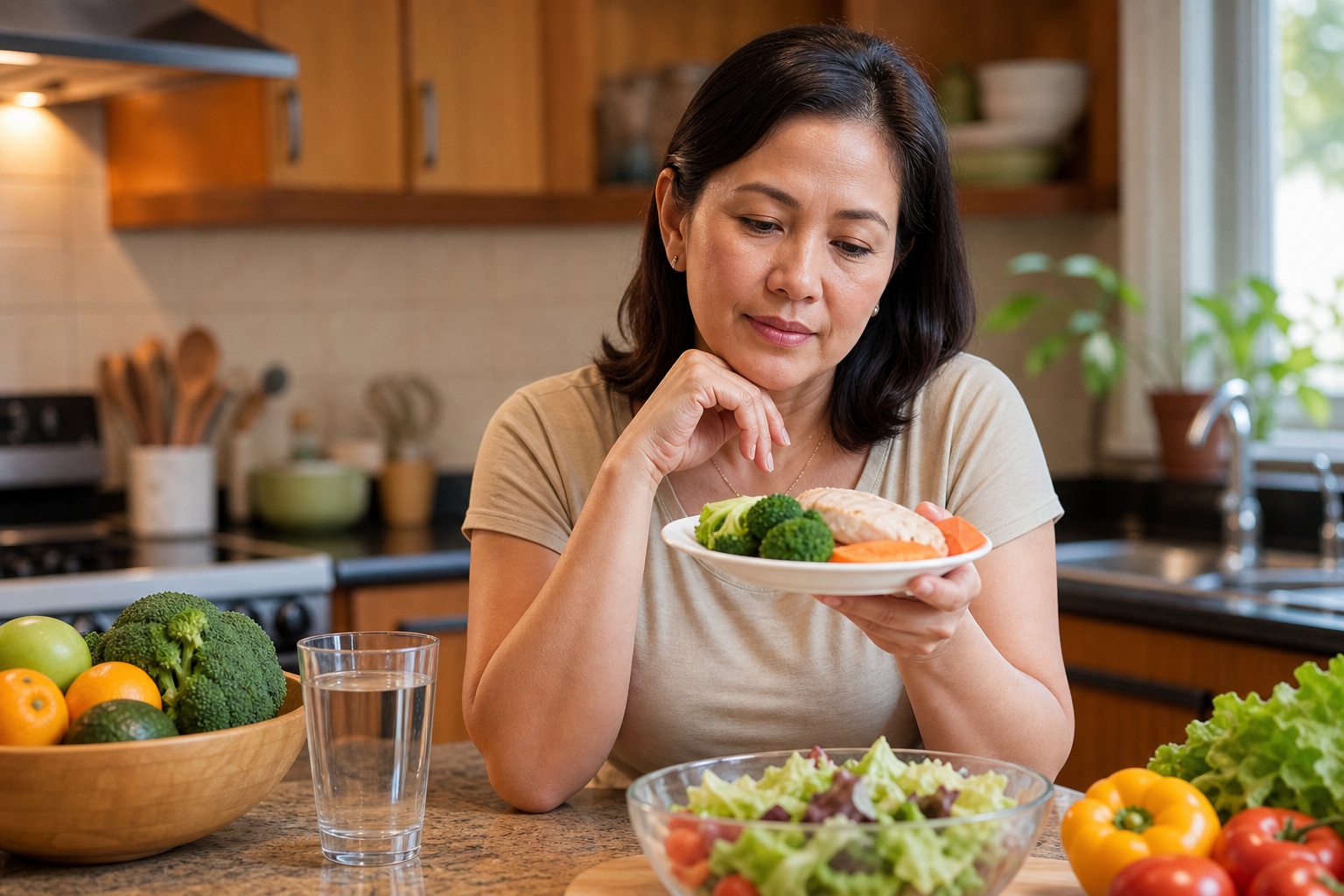 Filipino woman in her 40s at a kitchen counter