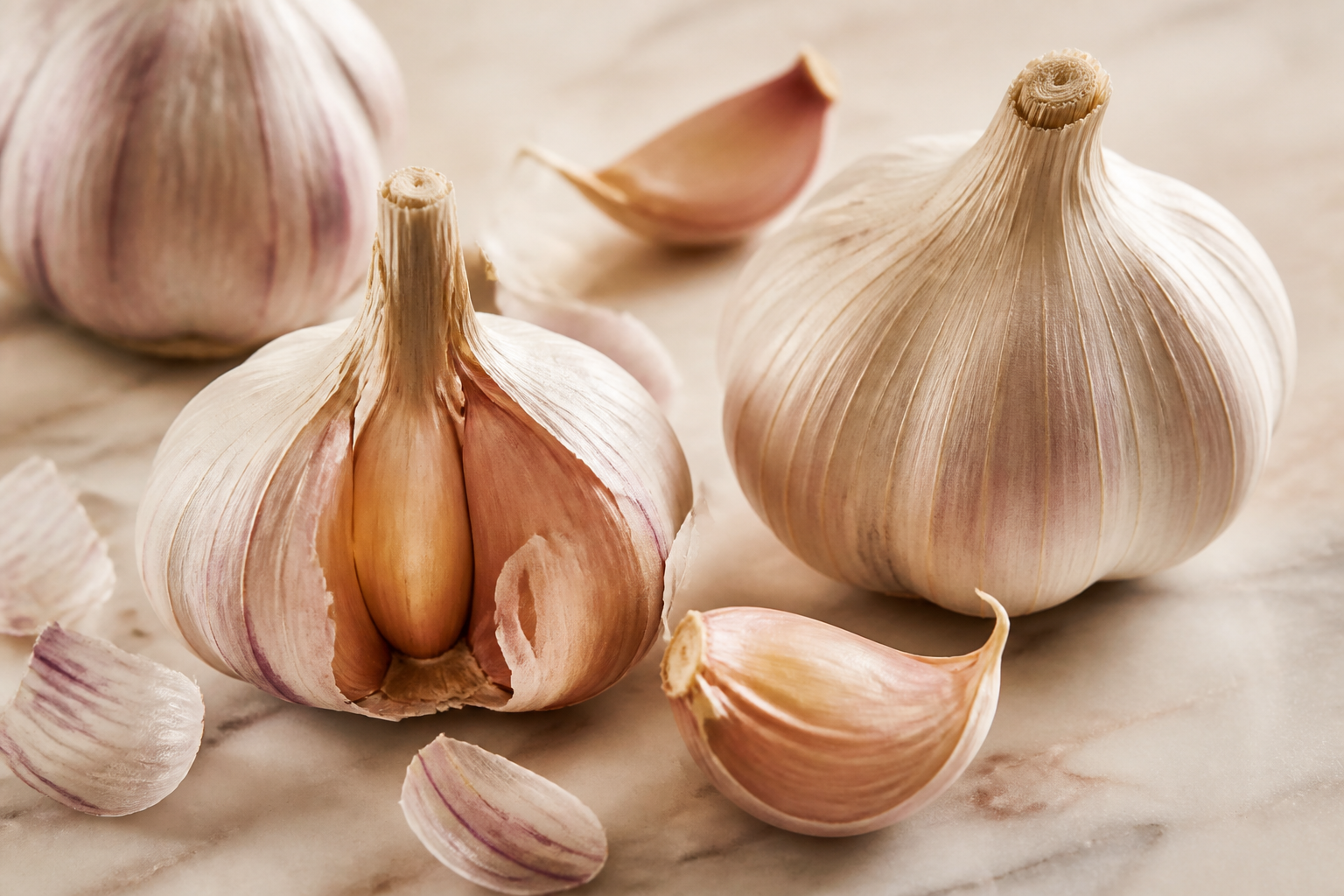 Close-up editorial still life of Garlic on a clean wooden or marble surface