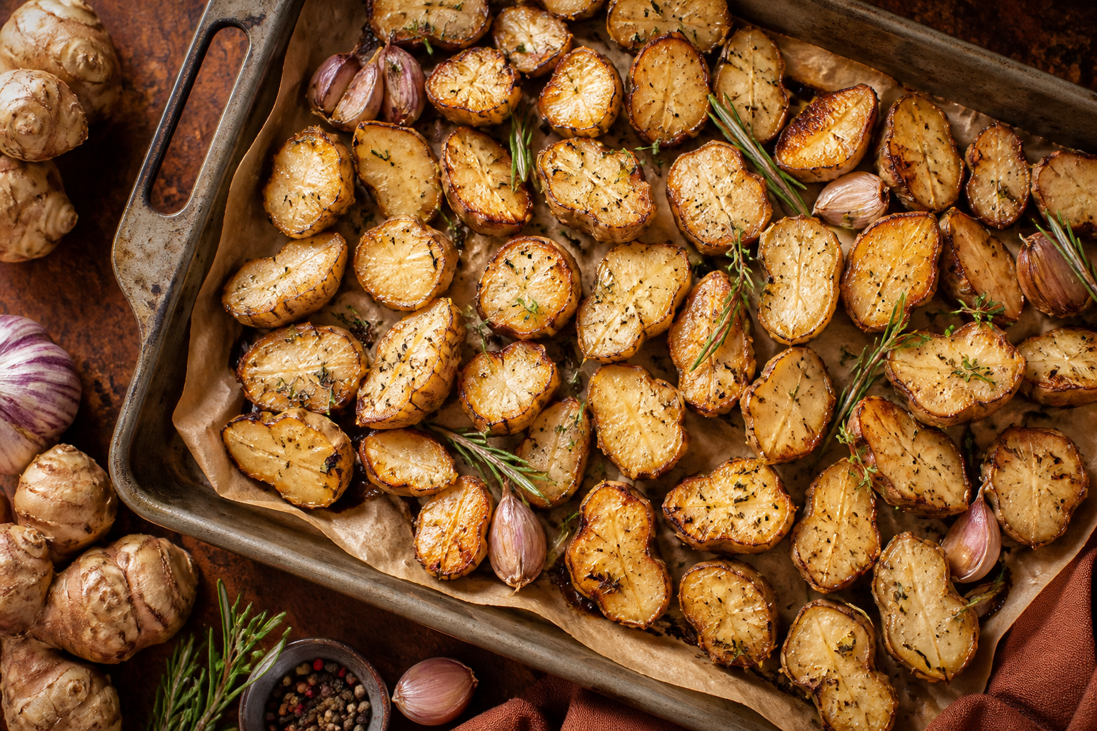 Overhead shot of Garlic and Herb Roasted Jerusalem Artichokes plated appetizingly in a baking tray