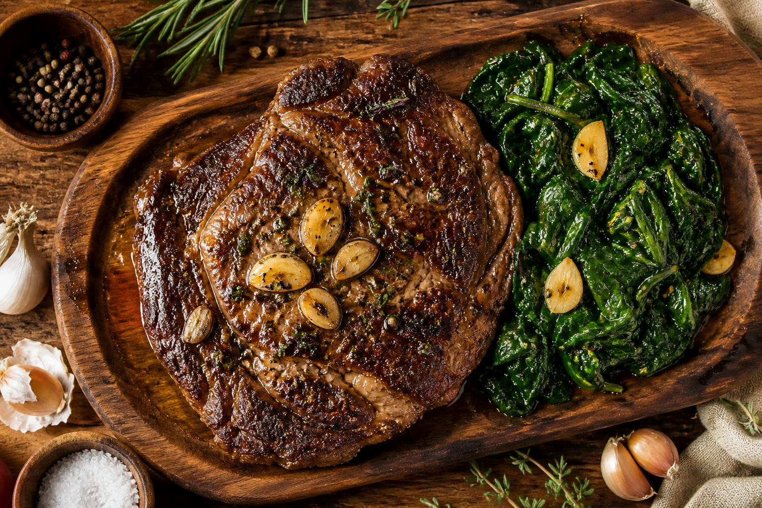 Overhead shot of Garlic Butter Ribeye with Sauteed Spinach plated appetizingly in a wooden board