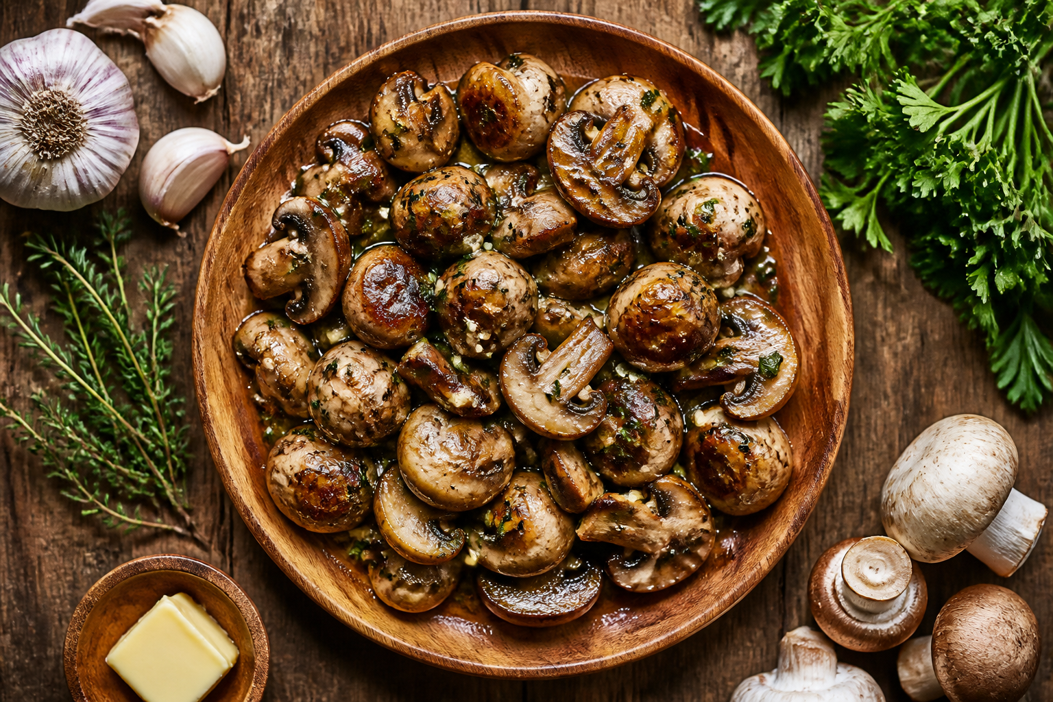 Overhead shot of Garlic Butter Sauteed Mushrooms plated appetizingly in a wooden board