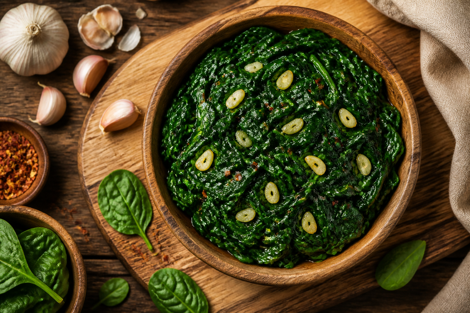 Overhead shot of Garlic Sauteed Spinach plated appetizingly in a wooden board