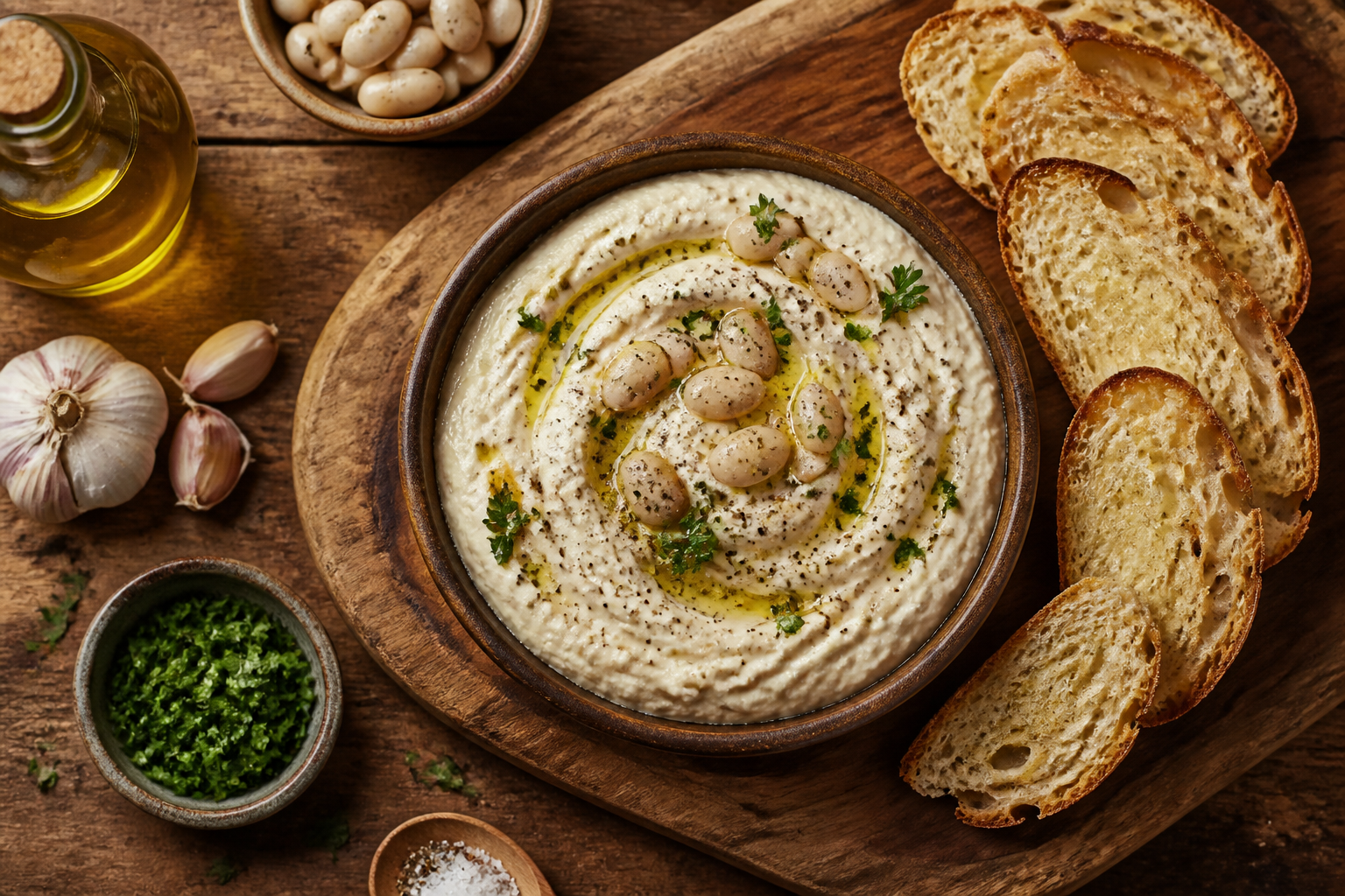 Overhead shot of Garlic White Bean Mash plated appetizingly in a wooden board
