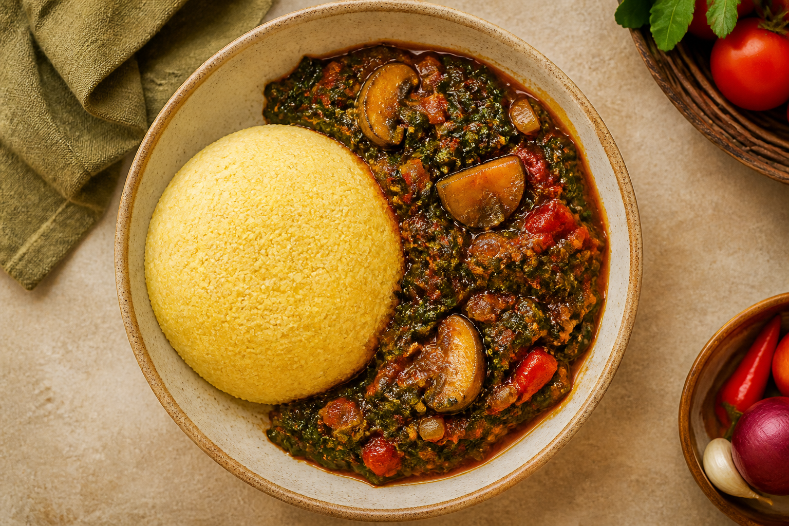 Overhead shot of Garri and Vegetable Stew plated appetizingly in a ceramic bowl