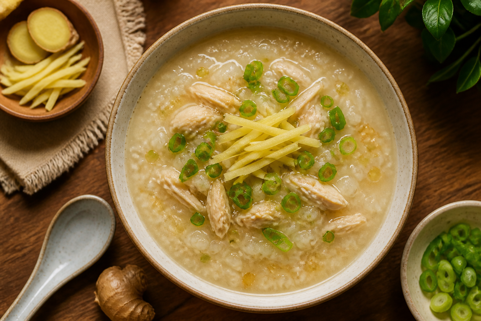 Overhead shot of Gentle Ginger Chicken Congee plated appetizingly in a ceramic bowl