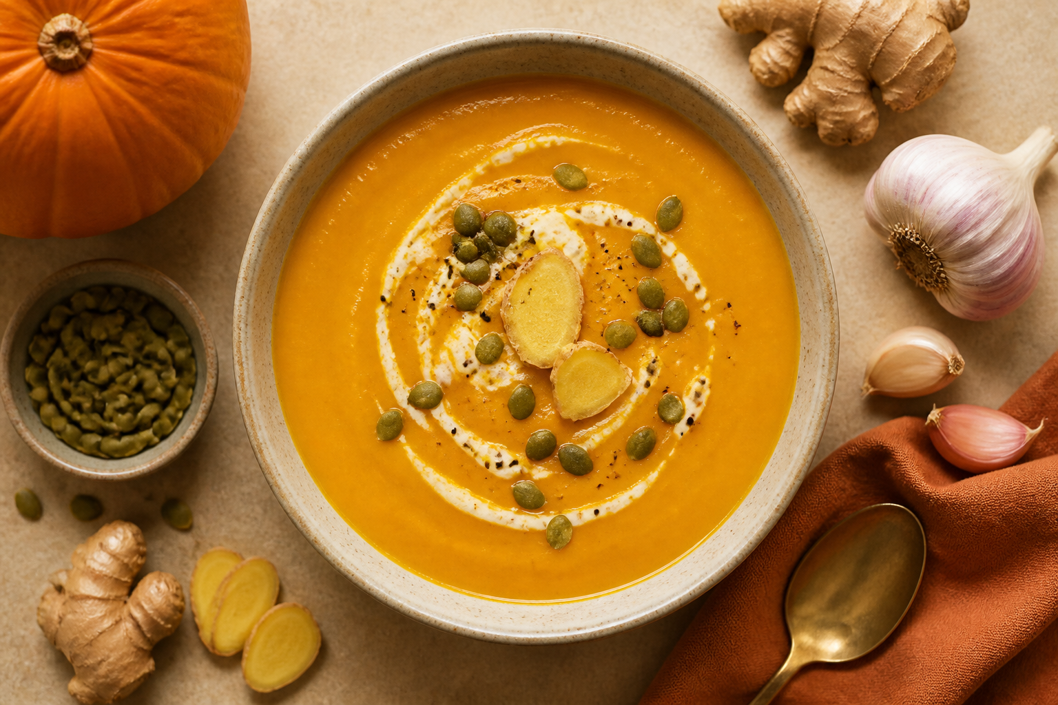 Overhead shot of Gentle Ginger Pumpkin Soup plated appetizingly in a ceramic bowl