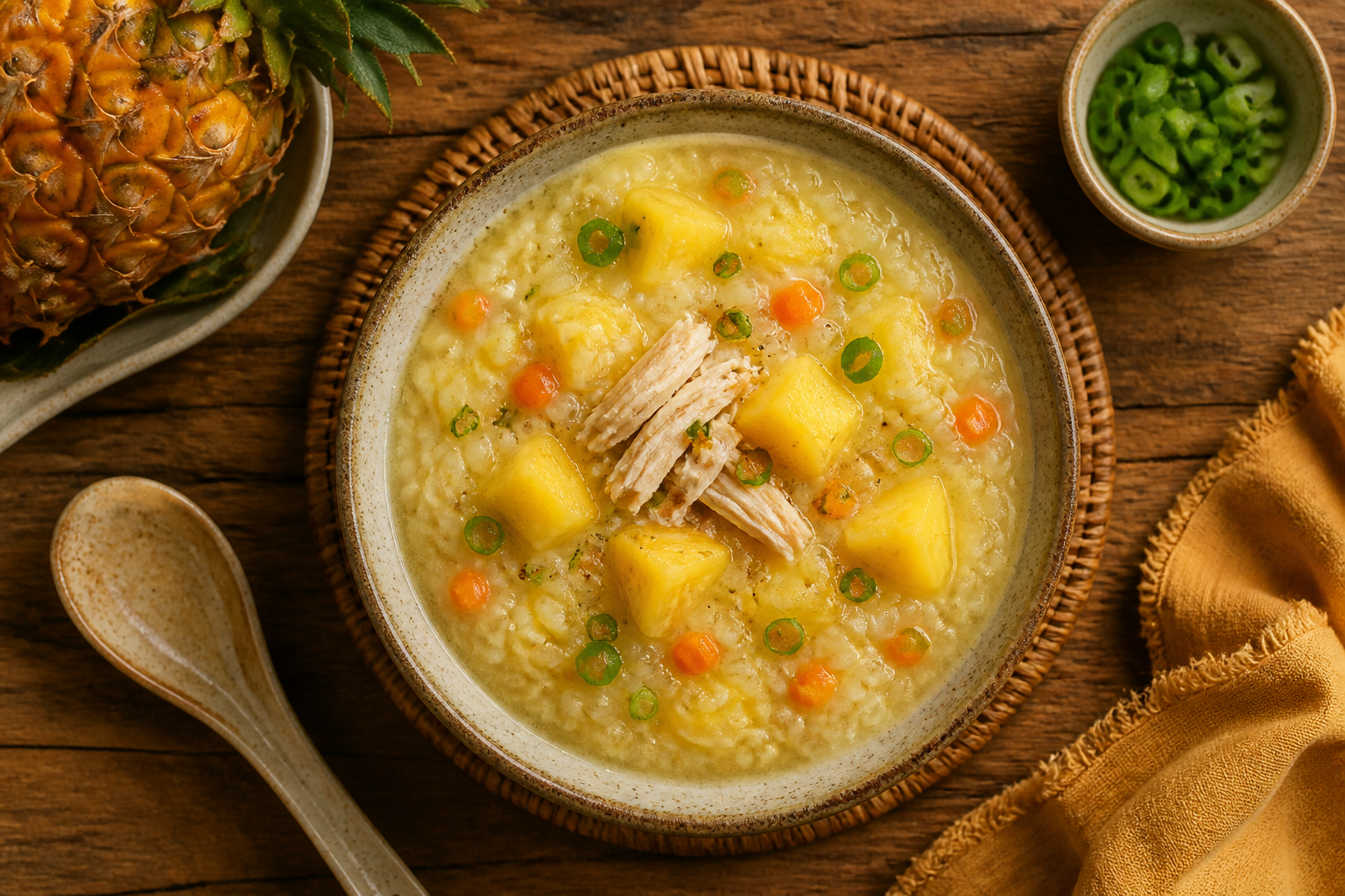 Overhead shot of Gentle Pineapple Rice Porridge plated appetizingly in a ceramic bowl