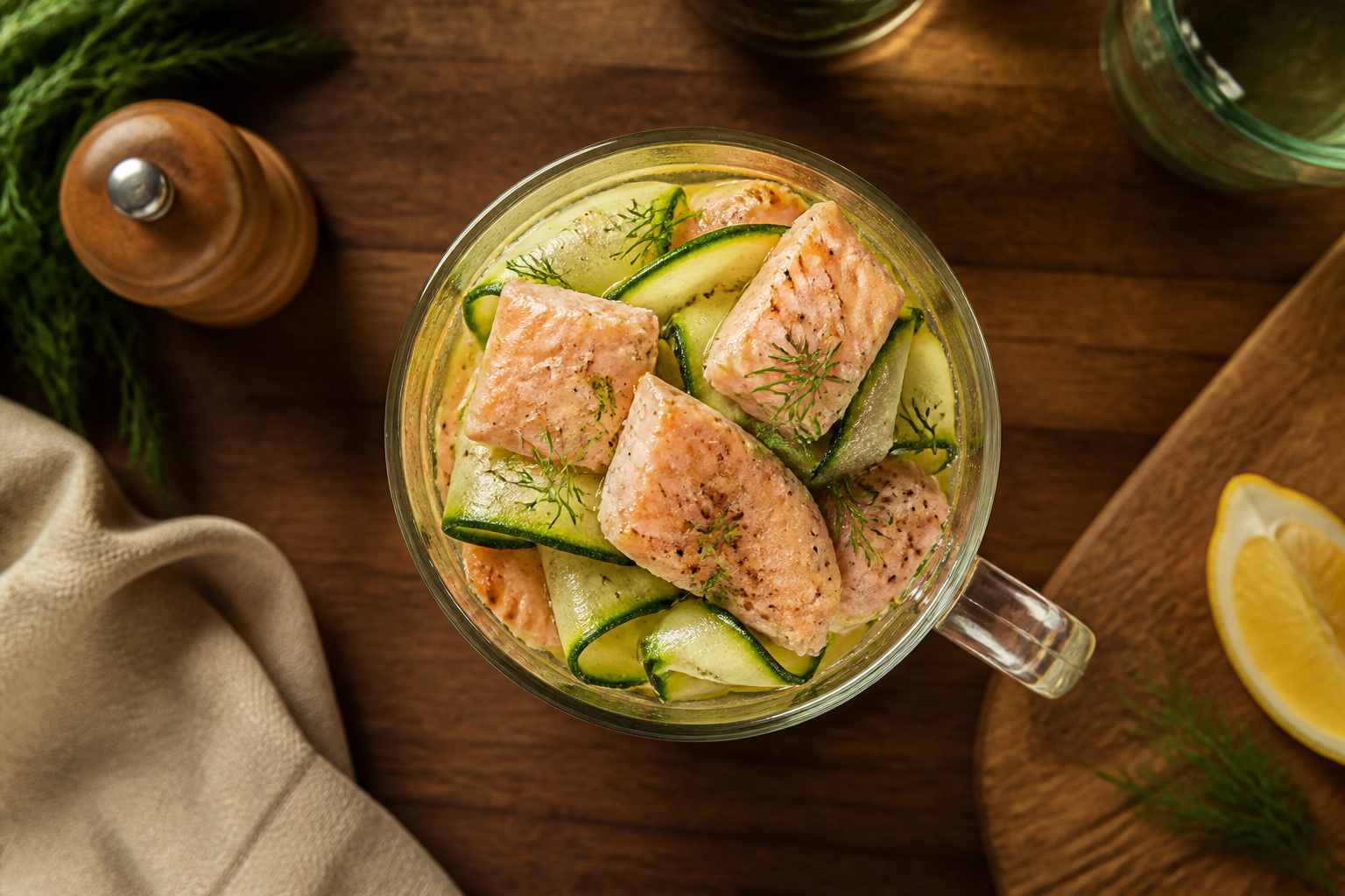Overhead shot of Gentle Steamed Salmon with Zucchini Ribbons plated appetizingly in a tall glass or mug