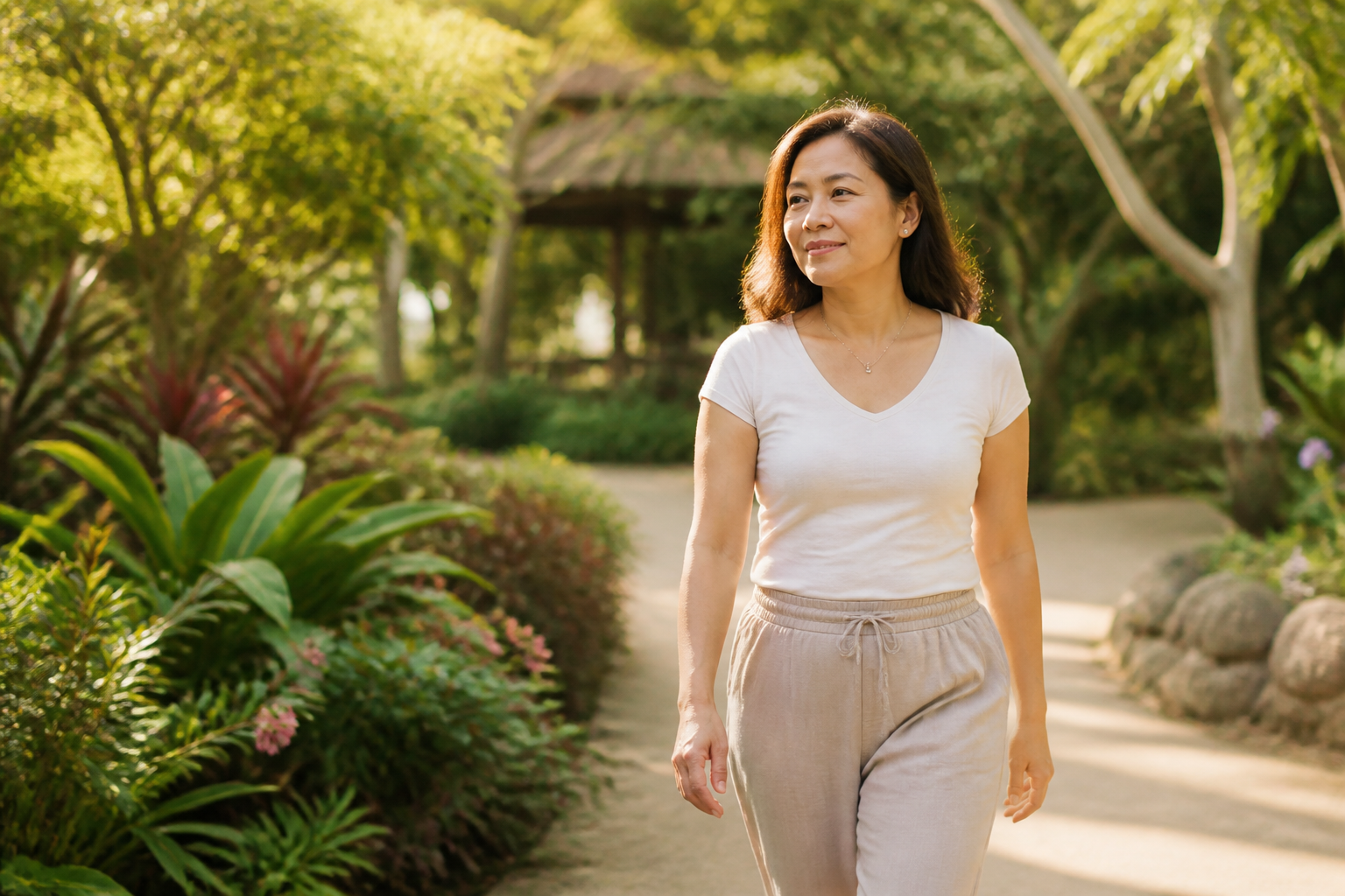 Filipino woman in her 40s doing a gentle walk in a garden
