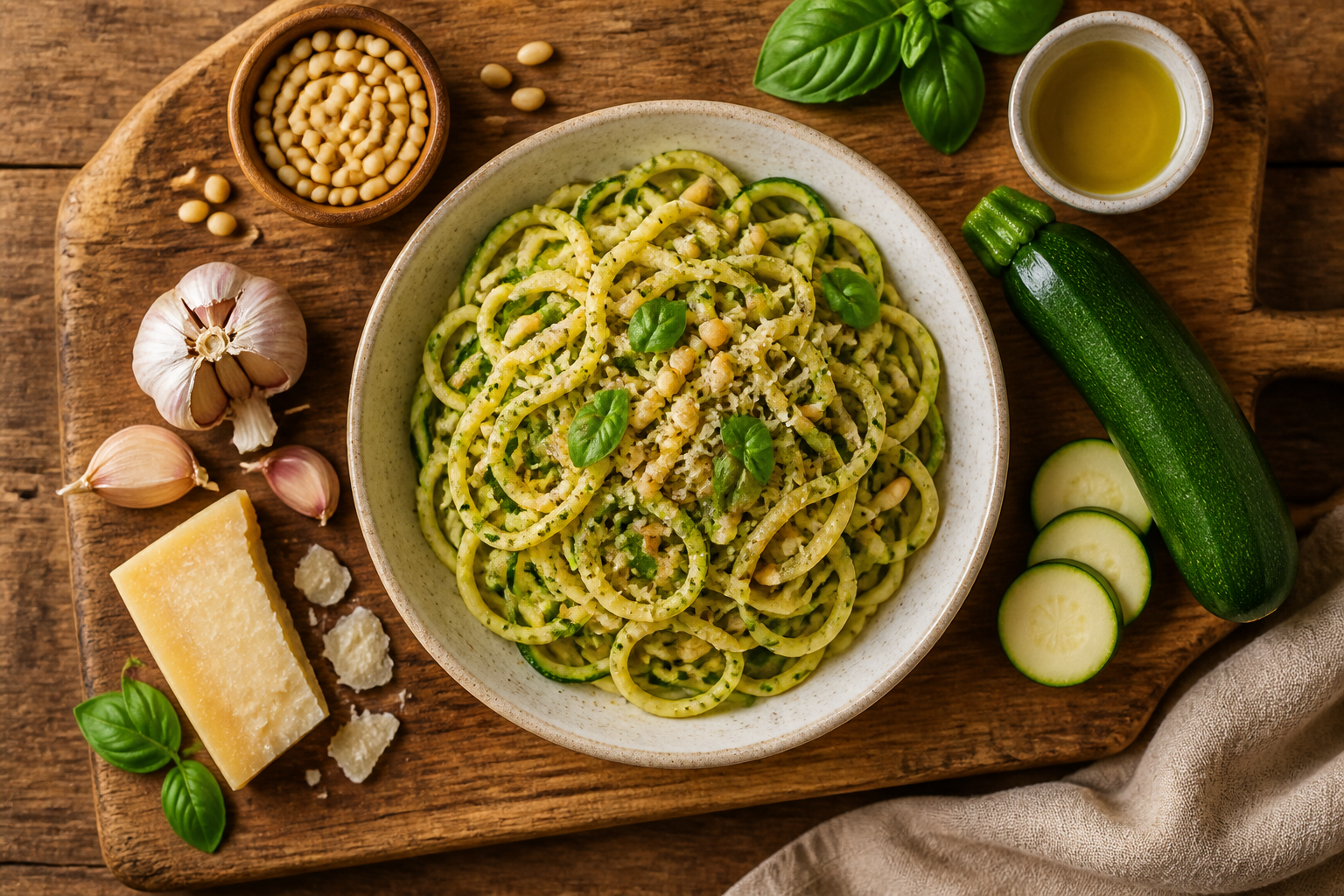 Overhead shot of Gentle Zucchini Noodles with Pine Nuts plated appetizingly in a wooden board
