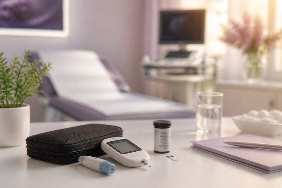 Blood glucose testing kit on a clean prenatal clinic table