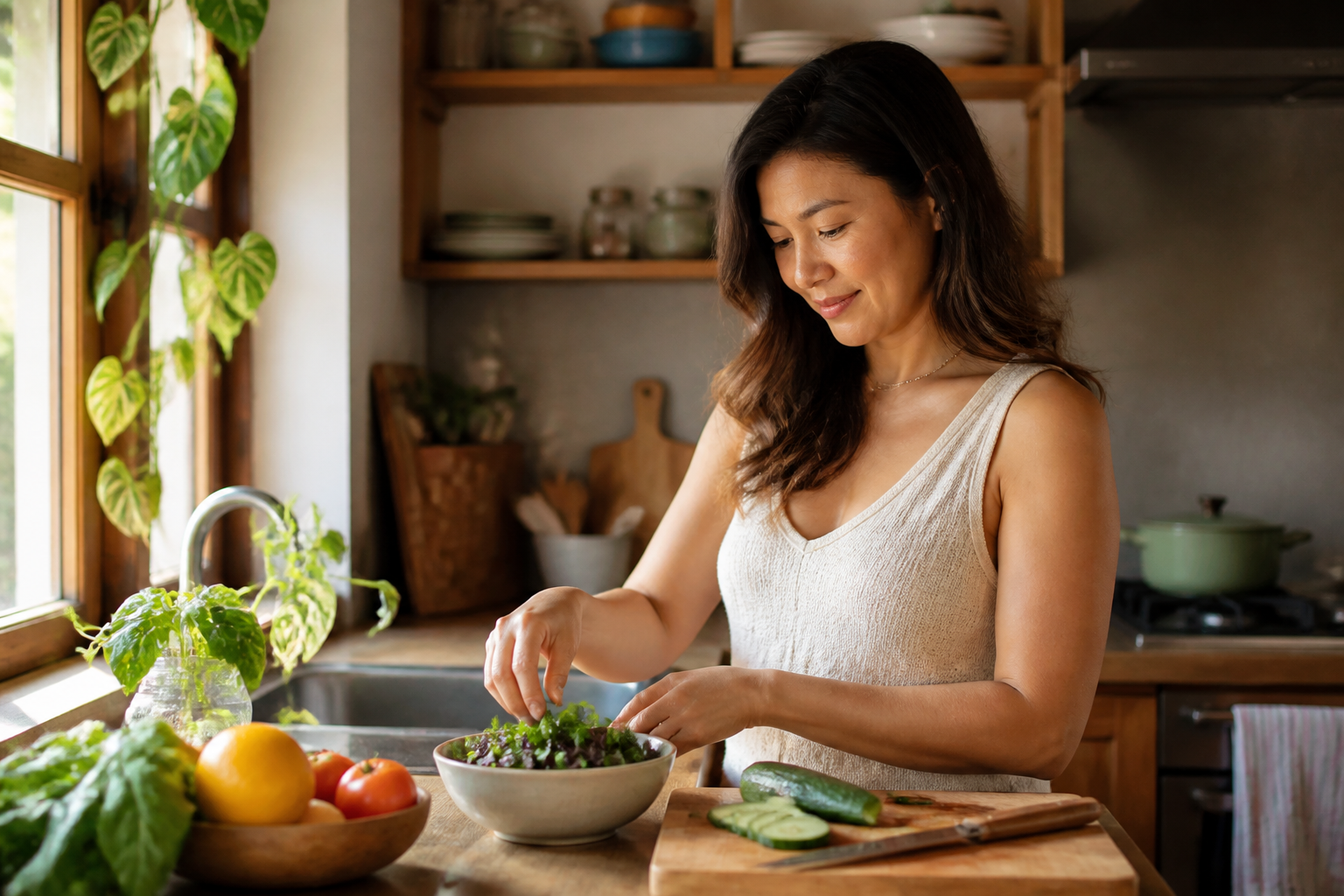 Filipino woman in her 30s in a warm home kitchen