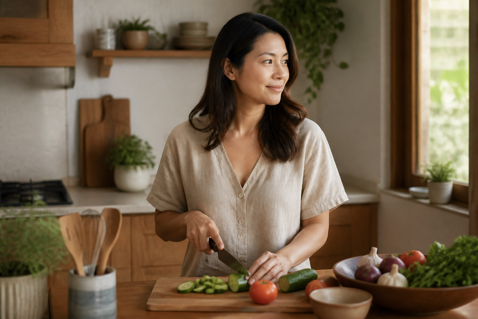 Filipino woman in her 30s in a warm home kitchen