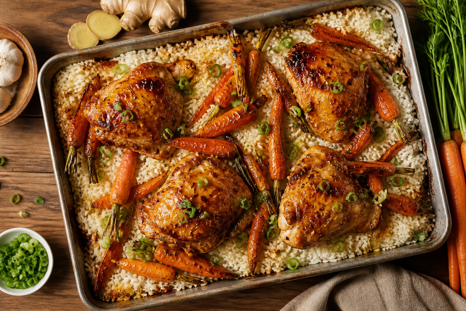 Overhead shot of Ginger Baked Chicken with Carrots and Jasmine Rice plated appetizingly in a baking tray