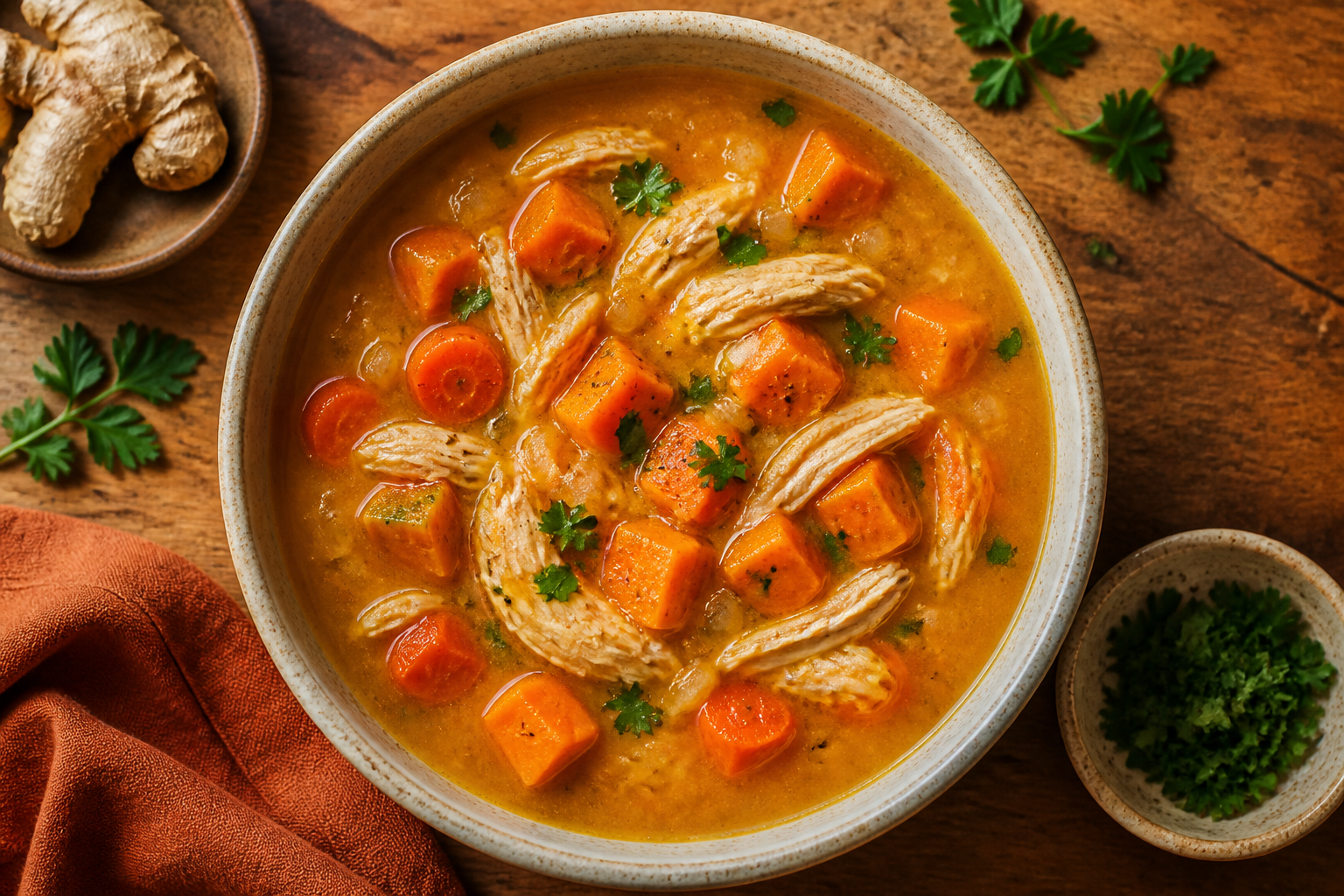 Overhead shot of Ginger Carrot Chicken Soup with Sweet Potato plated appetizingly in a ceramic bowl