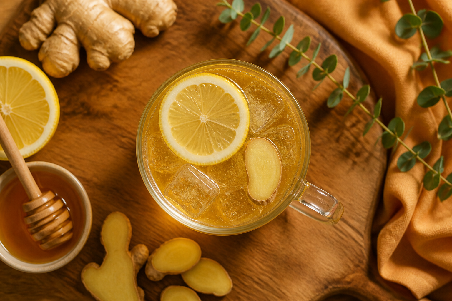Overhead shot of Ginger Honey Kombucha Spritzer plated appetizingly in a tall glass or mug