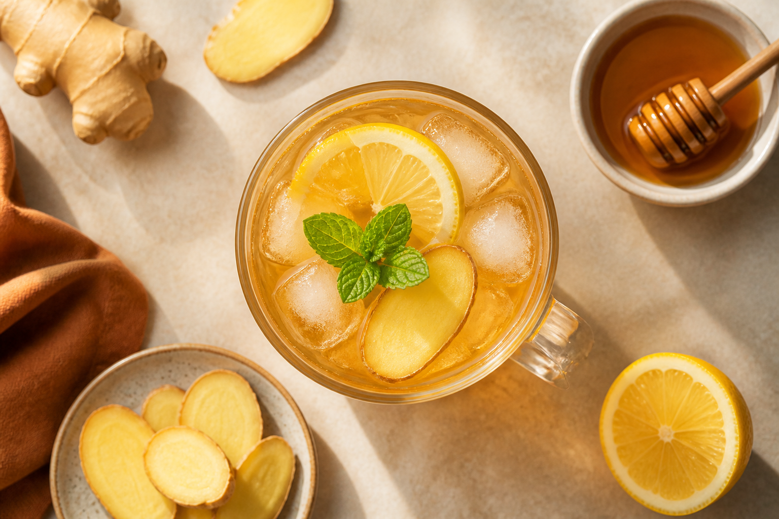 Overhead shot of Ginger Kombucha Mocktail plated appetizingly in a tall glass or mug