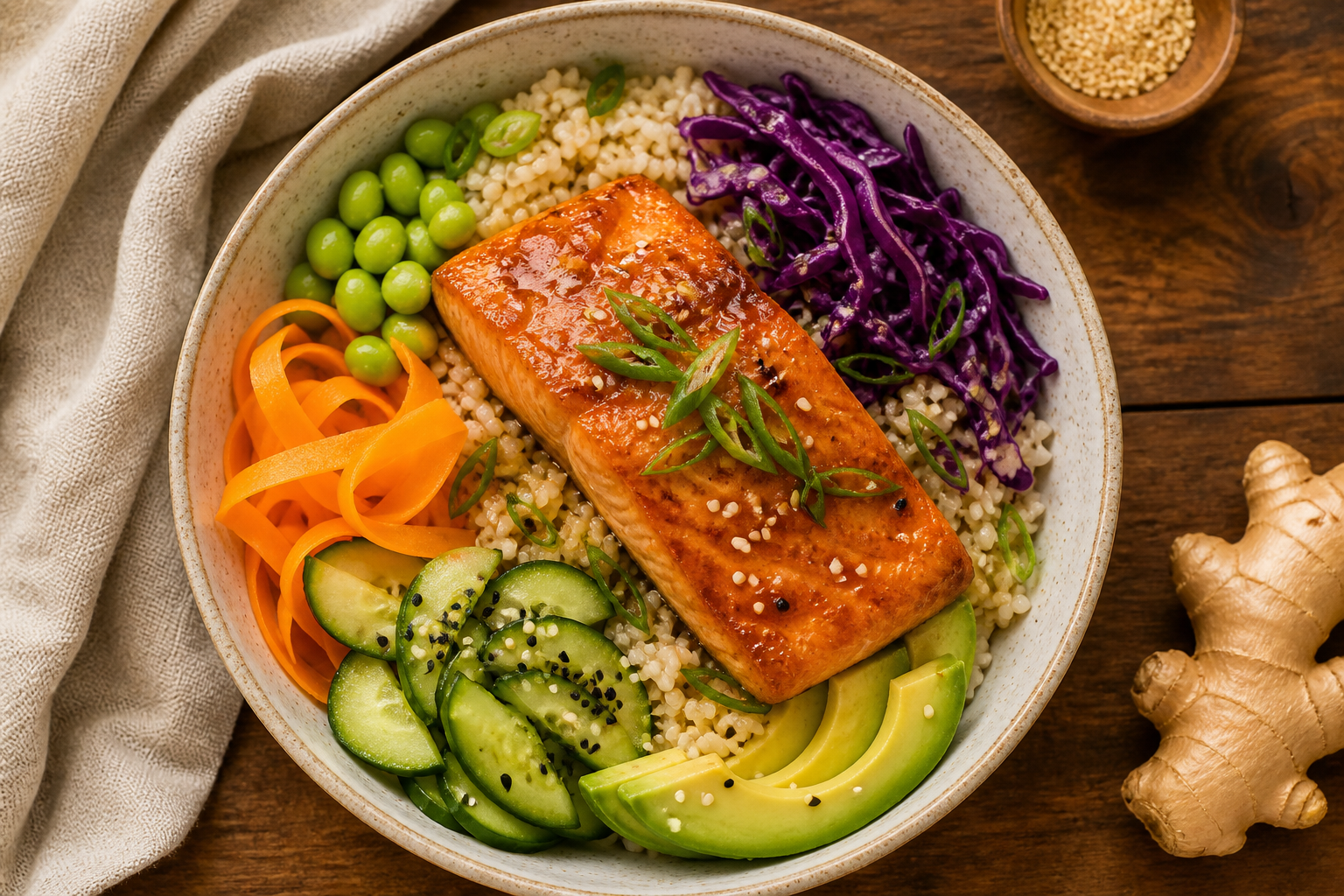 Overhead shot of Ginger Miso Salmon Bowl plated appetizingly in a ceramic bowl with toppings visible